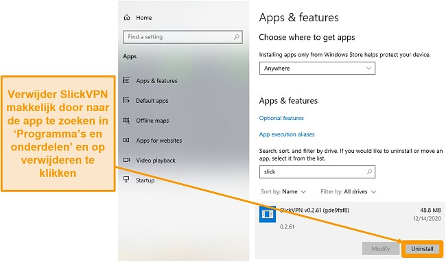 Schermafbeelding die laat zien hoe SlickVPN te verwijderen via het menu Apps en functies.