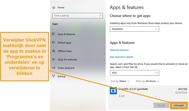 Schermafbeelding die laat zien hoe SlickVPN te verwijderen via het menu Apps en functies.