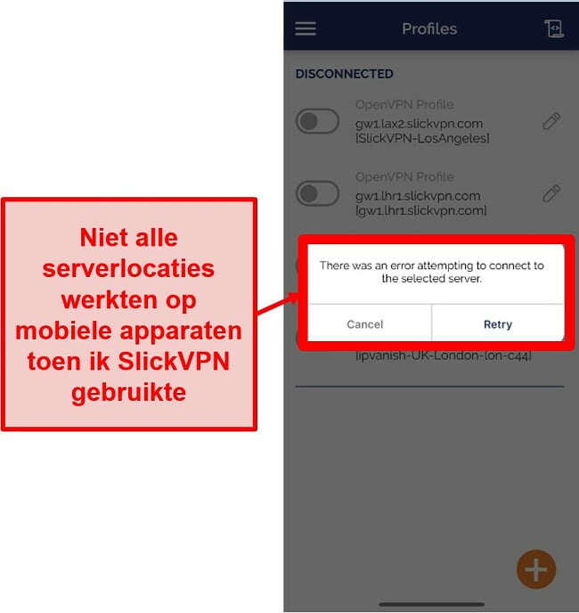 Screenshot van SlickVPN die geen verbinding kan maken met alle servers op zijn mobiele app