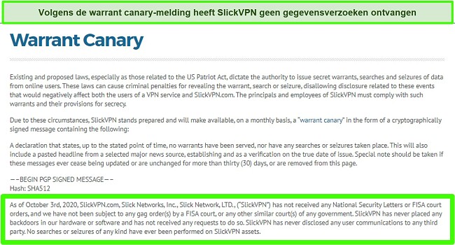 Screenshot van SlickVPN's Warrant Canary-melding