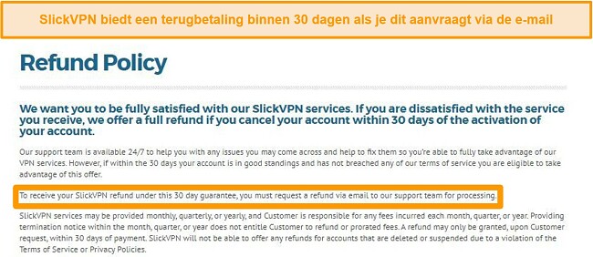 Screenshot van het restitutiebeleid van SlickVPN