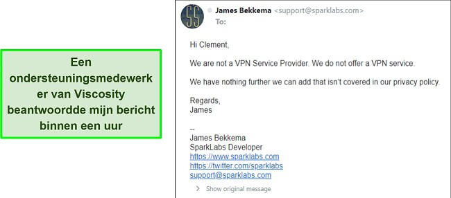 Screenshot van de reactie van de klantenservice van Viscosity op mijn e-mail