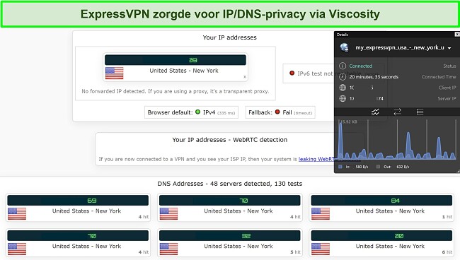 Screenshot van een geslaagde IP- en DNS-lektest terwijl er verbinding was met een server in New York