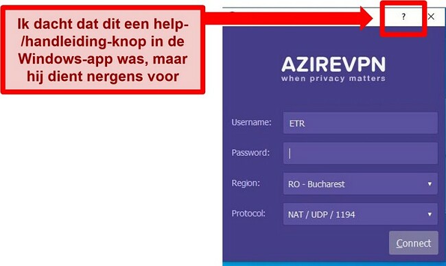 Screenshot van het startscherm van de gebruikersinterface van AzireVPN
