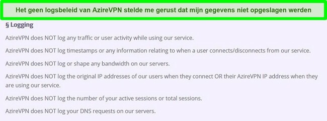  Screenshot van AzireVPN's zero-logs-beleid