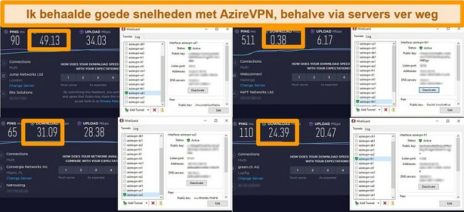 Screenshot van 4 snelheidstests terwijl verbonden met AzireVPN-servers