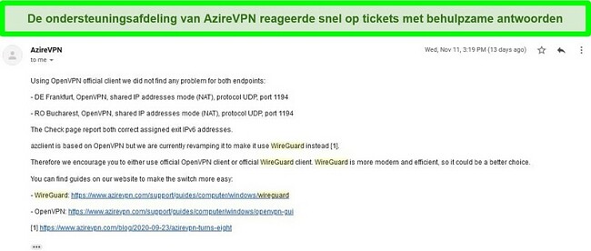 Screenshot van AzireVPN-ondersteuning die reageert op een ticket voor een hulpverzoek