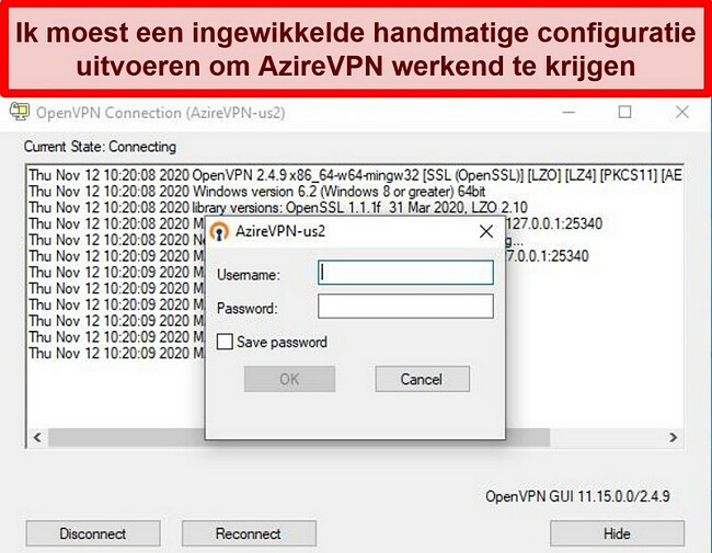 Screenshot van de inlogprompt van AzireVPN tijdens het gebruik van de OpenVPN-client