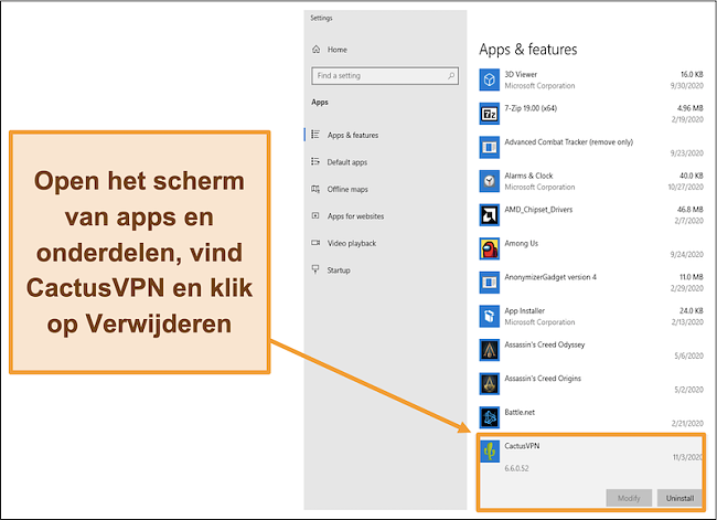 Schermafbeelding die laat zien hoe u het proces van het verwijderen van CactusVPN start vanuit het menu Apps en functies