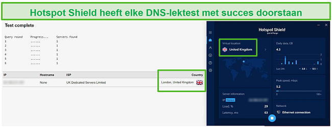 Screenshot van Hotspot Shield die een DNS-test doorstaat terwijl het verbonden was met een Britse server.