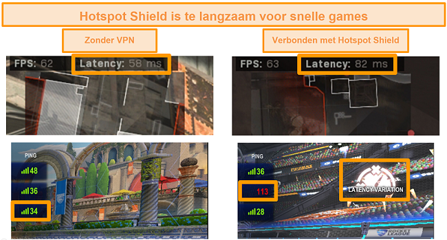 Screenshot van Call of Duty: Modern Warfare en Rocket League getest op latentietoename bij verbinding met Hotspot Shield VPN op pc.