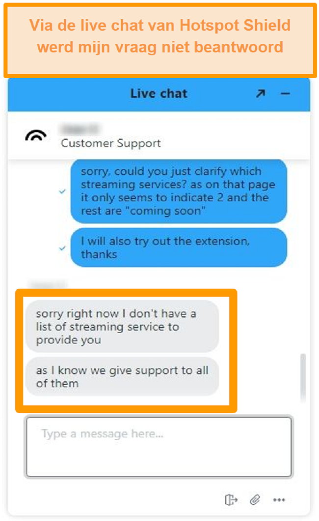 Screenshot van een Hotspot Shield live chat-agent die mijn vraag niet kan beantwoorden