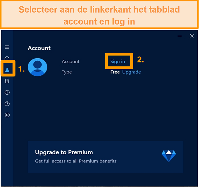 Screenshot van het inlogscherm van het Hotspot Shield Windows-app-account.