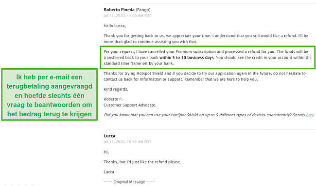 Screenshot van een e-mailgesprek met Hotspot Shield-ondersteuning, waardoor een terugbetaling wordt goedgekeurd.