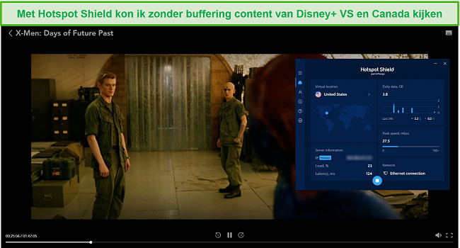 Screenshot van Hotspot Shield dat Disney + deblokkeert en X-Men: Days of Future Past streamt.