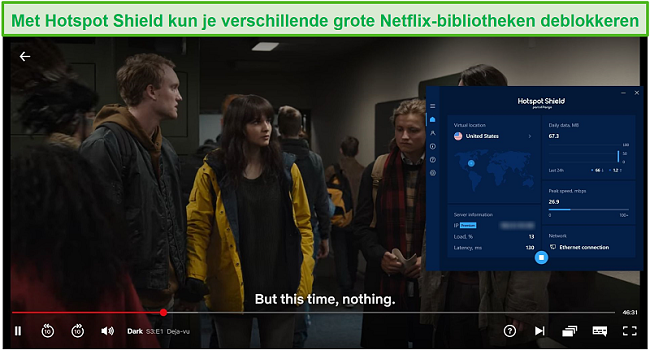 Screenshot van Hotspot Shield waarmee Netflix wordt gedeblokkeerd en Dark wordt gestreamd.