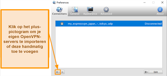 Screenshot van de Viscosity-app die laat zien hoe OpenVPN-servers toegevoegd kunnen worden