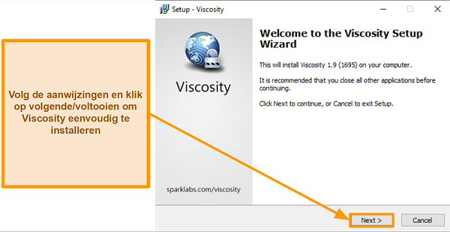 Screenshot van de Viscosity-installatiewizard om de app te installeren