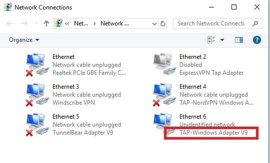 Screenshot of desktop Network Connections settings showing highlighted TAP-Windows Adapter V9