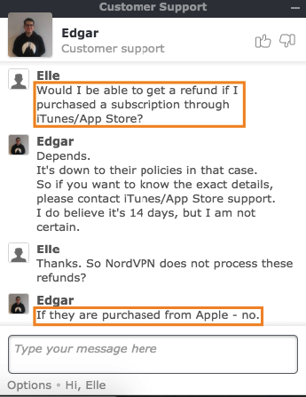 Grafik over NordVPNs live chat-agent, der bekræfter, at NordVPN ikke kan behandle refusion for abonnementer foretaget via iTunes eller App Store