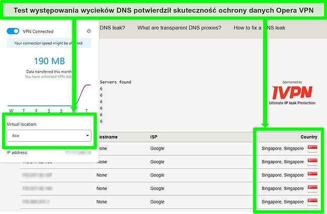 Zrzut ekranu wyników testu szczelności DNS pokazujący brak wycieków podczas połączenia z Opera VPN.
