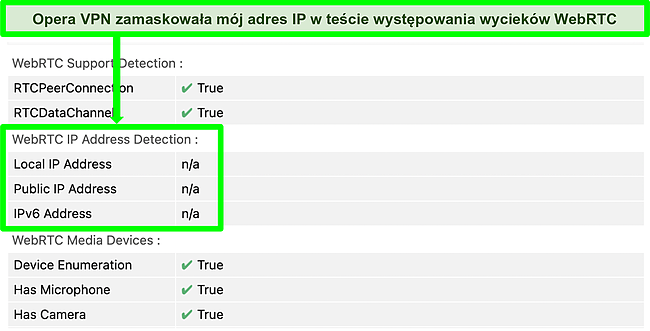 Zrzut ekranu przedstawiający OperaVPN przechodzący test szczelności WebRTC.