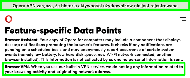 Zrzut ekranu polityki prywatności Opery pokazujący, że VPN nie rejestruje logów.