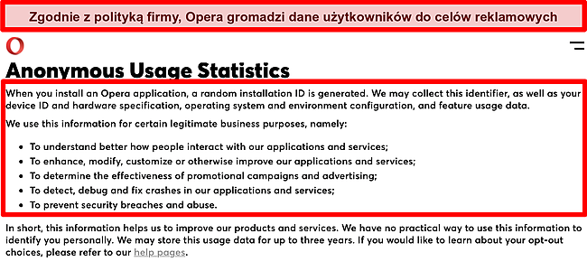 Zrzut ekranu polityki prywatności Opera VPN „Sekcja anonimowych statystyk użytkowania”.
