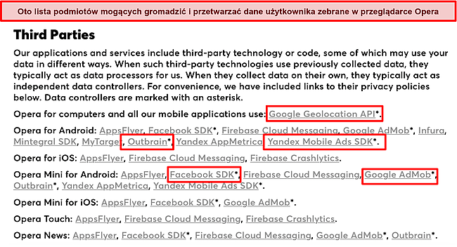 Zrzut ekranu z polityką prywatności Opery ujawniającą gromadzenie danych przez osoby trzecie.