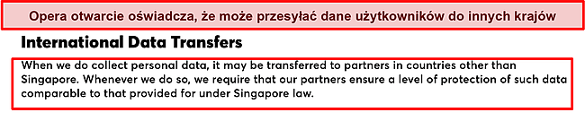 Zrzut ekranu z polityką Opery dotyczącą międzynarodowych transferów danych.