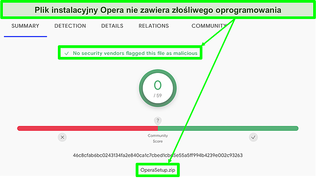 Zrzut ekranu skanowania pod kątem złośliwego oprogramowania pokazujący brak wirusów znalezionych w pliku instalacyjnym Opery.