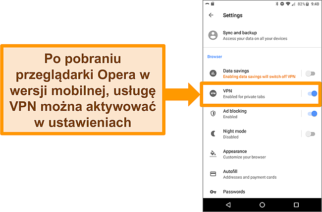 Zrzut ekranu menu ustawień przeglądarki Android Opera przedstawiający włączoną opcję VPN.