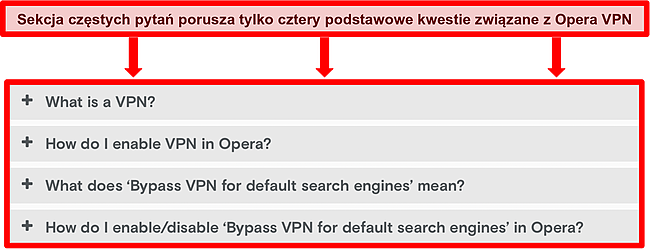 Zrzut ekranu często zadawanych pytań Opera VPN.