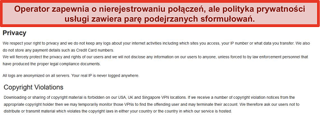 Zrzut ekranu sekcji Naruszenie prywatności i praw autorskich w Warunkach korzystania z usługi BlackVPN