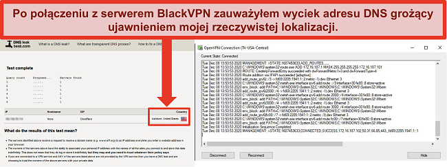 Zrzut ekranu z nieudanym testem wycieku DNS, gdy BlackVPN jest połączony z serwerem w USA