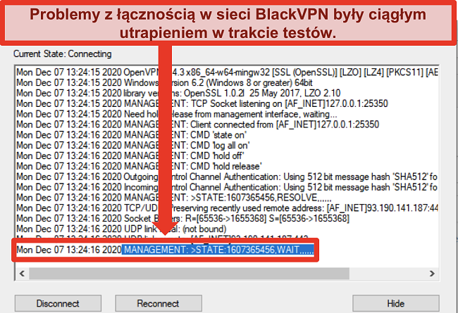 Zrzut ekranu przedstawiający BlackVPN próbujący połączyć się z serwerem za pośrednictwem klienta OpenVPN