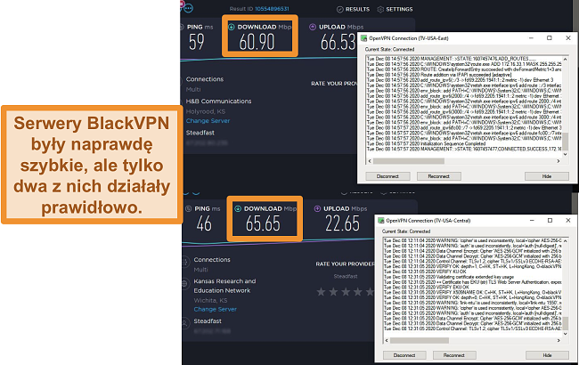 Zrzut ekranu przedstawiający 2 testy prędkości podczas połączenia z serwerami BlackVPN w USA