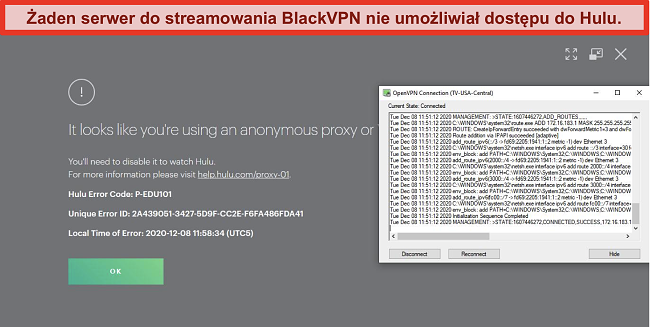 Zrzut ekranu błędu adresu IP serwera proxy Hulu, gdy BlackVPN jest połączony przez OpenVPN