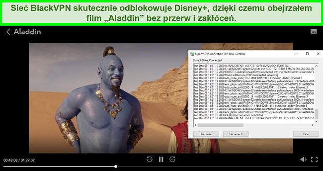 Zrzut ekranu przedstawiający Aladdin na Disney +, gdy BlackVPN jest połączony z serwerem przesyłania strumieniowego w USA Central za pośrednictwem klienta OpenVPN