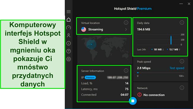 Zrzut ekranu interfejsu systemu Windows Hotspot Shield po połączeniu się z serwerem strumieniowym w USA