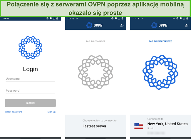 Zrzut ekranu przedstawiający proces logowania OVPN na urządzeniu mobilnym