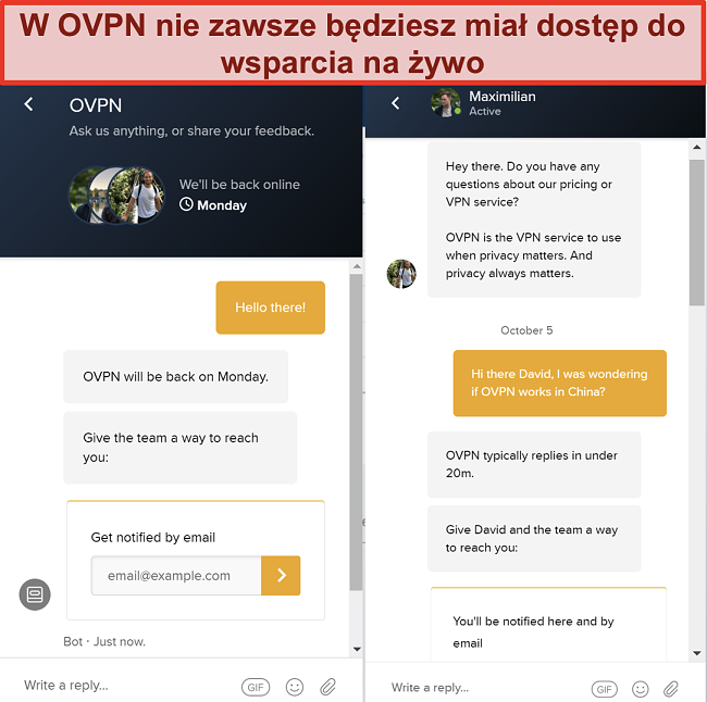 Zrzut ekranu z ograniczoną obsługą czatu na żywo dla OVPN