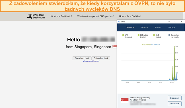 Zrzut ekranu przedstawiający OVPN przechodzący test szczelności DNS