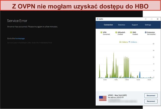 Zrzut ekranu przedstawiający blokowanie OVPN przez HBO