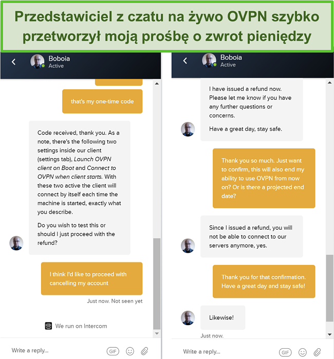 Zrzut ekranu z pomyślnym żądaniem zwrotu pieniędzy za pośrednictwem czatu na żywo OVPN