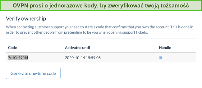 Zrzut ekranu z jednorazowym kodem OVPN do weryfikacji tożsamości podczas procesu anulowania subskrypcji