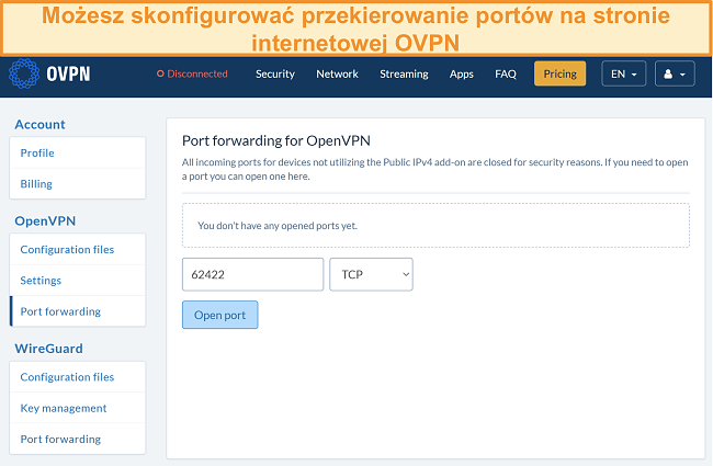 Zrzut ekranu z opcją przekierowania portów w OVPN