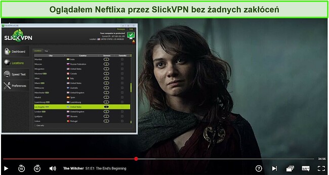 Zrzut ekranu przedstawiający SlickVPN odblokowujący Netflix