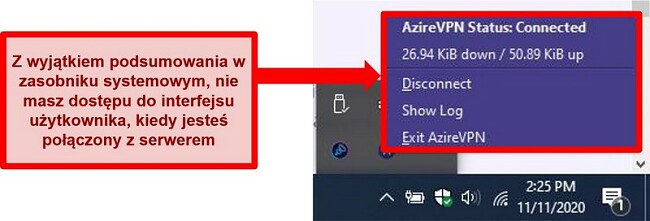 Zrzut ekranu menu stanu zasobnika systemowego Azire