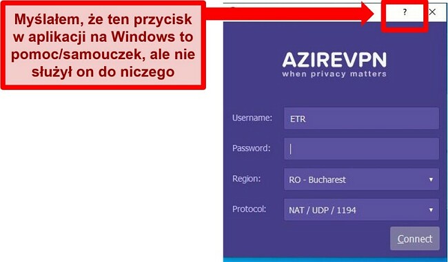 Zrzut ekranu ekranu głównego interfejsu użytkownika AzireVPN